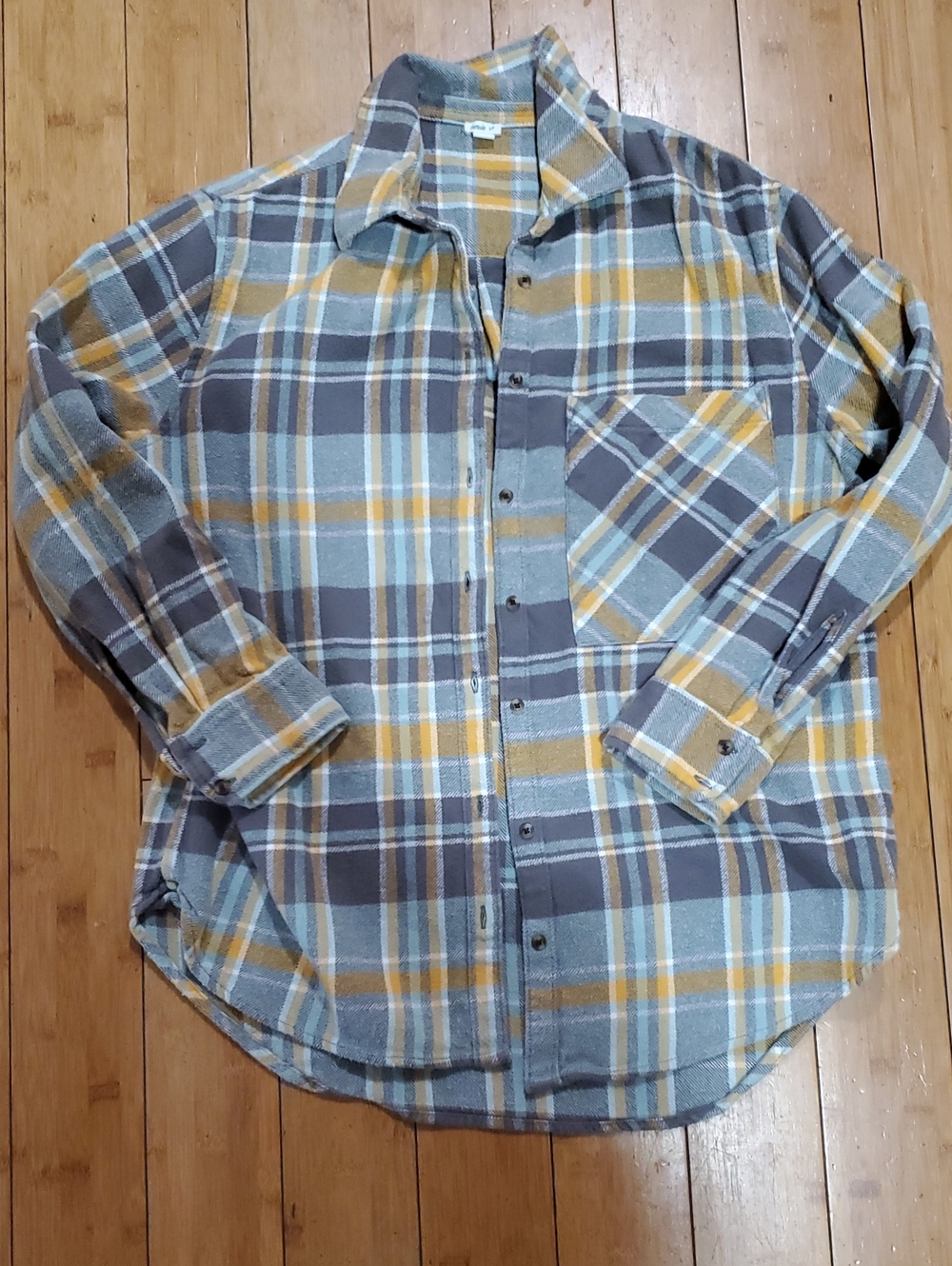 Women's Aerie Small Plaid Button-Up Shirt in Gray and Mustard